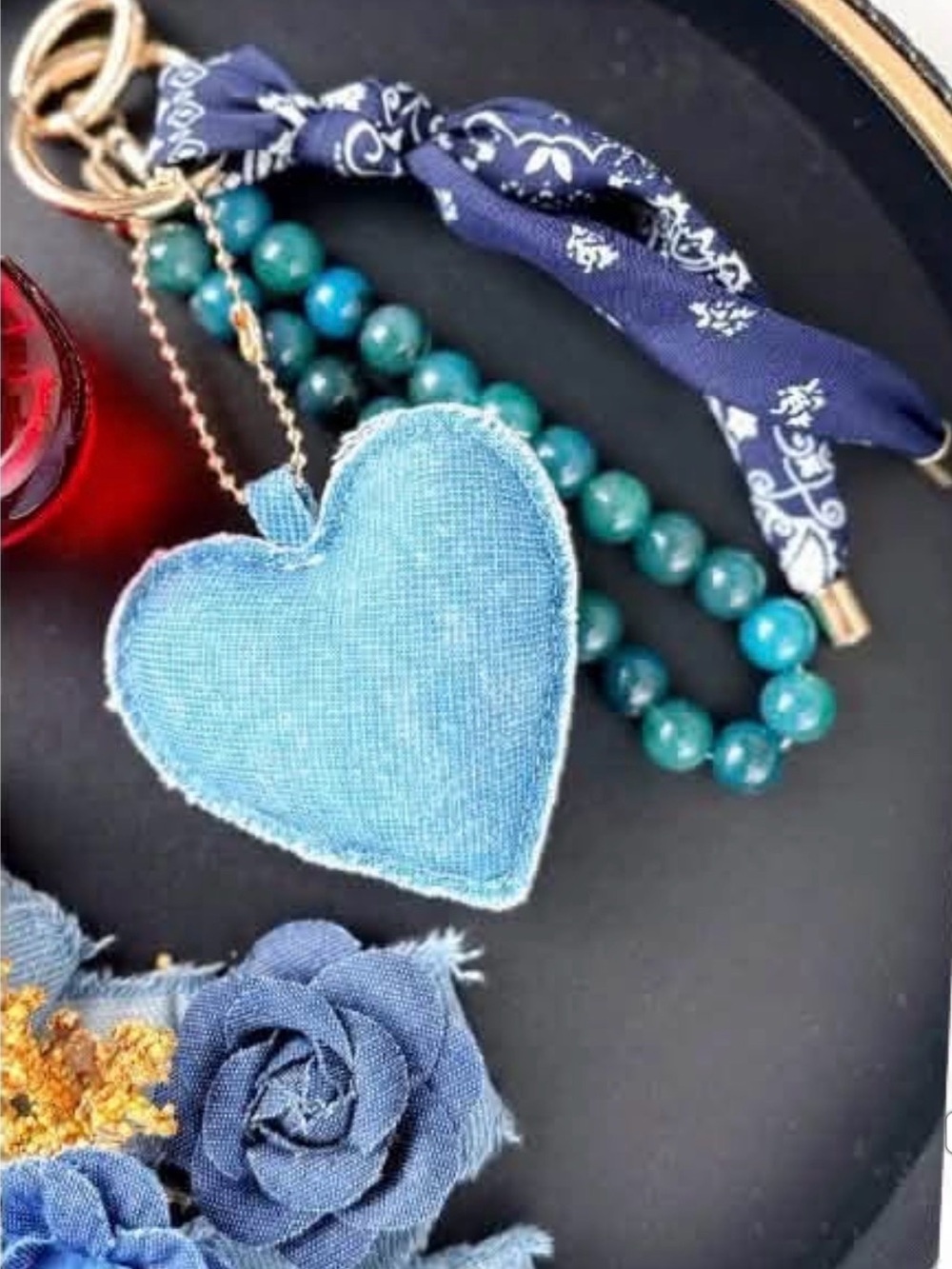 Park Lane Blue Denim Heart Keychain with Teal Bead Strand and Navy Bandana Tie